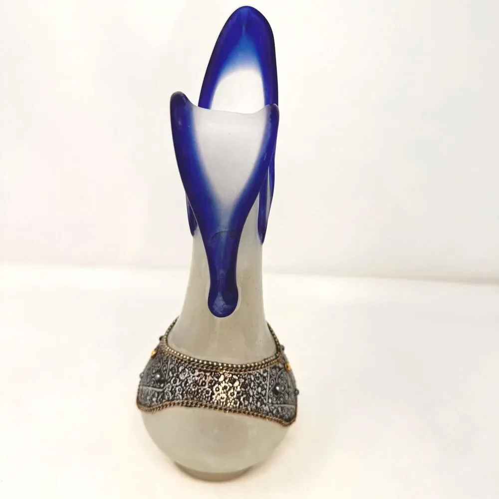 Vintage Moroccan Art Glass Vase Cobalt Blue Ruffled Hand Blown Metal Overlay Boh